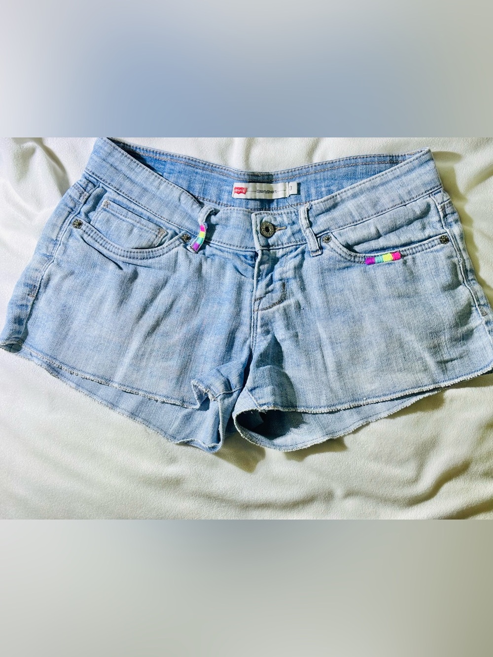 2010s style Levi's Light Wash Denim Short Shorts with Rainbow Trim